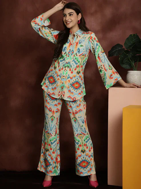 Beige Color Abstract Printed Viscos Rayon Co-ord Set