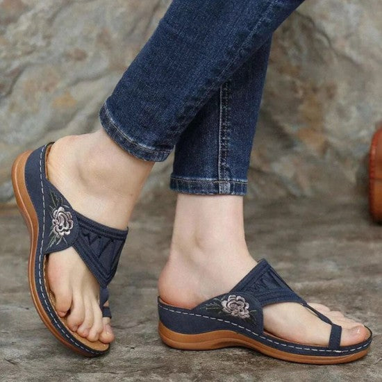 Floral Embroidered Wedge Women Slippers