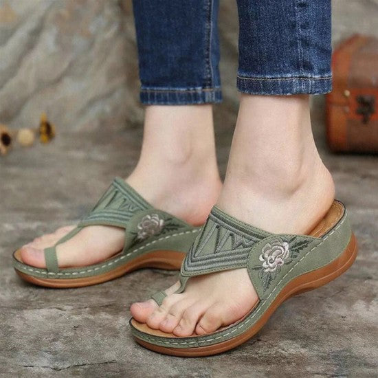 Floral Embroidered Wedge Women Slippers
