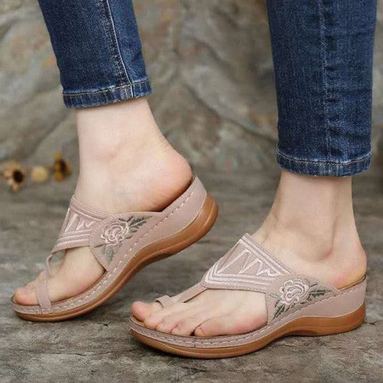 Floral Embroidered Wedge Women Slippers
