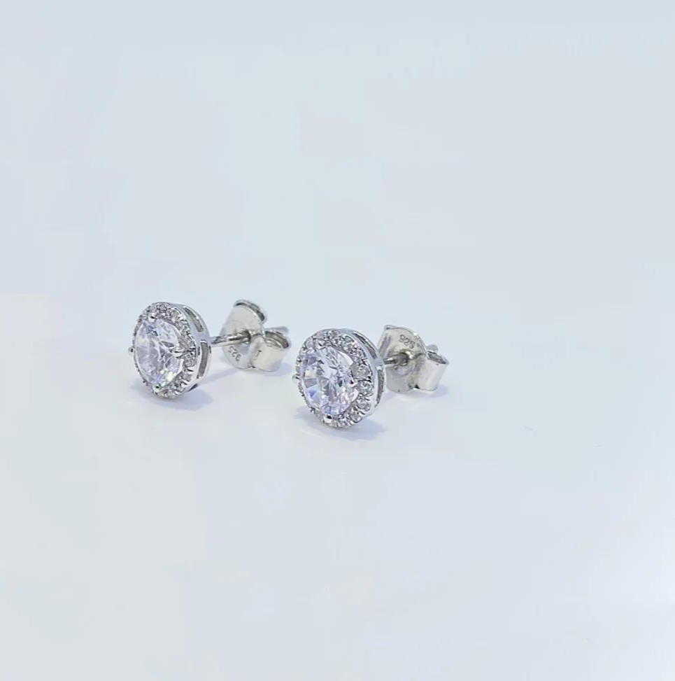 Halo Solitaire Stud Silver Earrings
