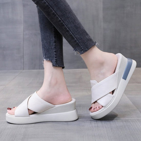 Open Toe Casual Slip On Wedge Slipper for Women - White