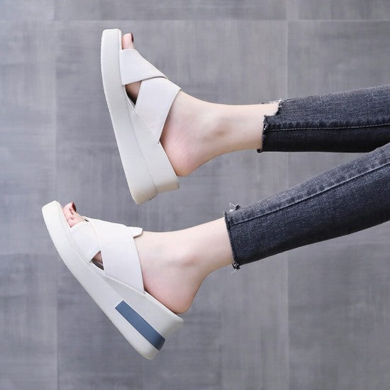 Open Toe Casual Slip On Wedge Slipper for Women - White
