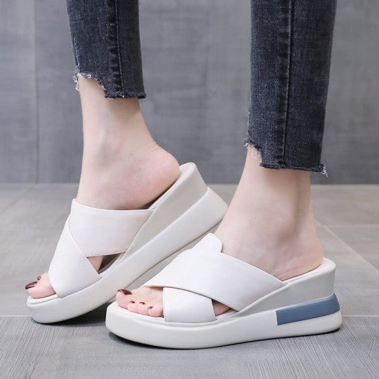Open Toe Casual Slip On Wedge Slipper for Women - White