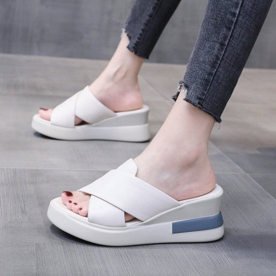 Open Toe Casual Slip On Wedge Slipper for Women - White