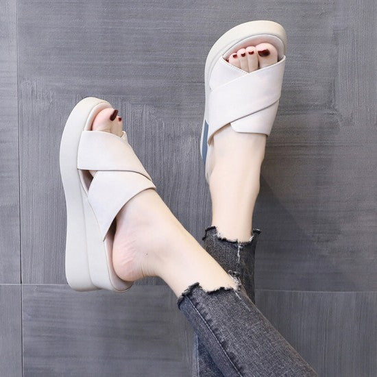 Open Toe Casual Slip On Wedge Slipper for Women - White