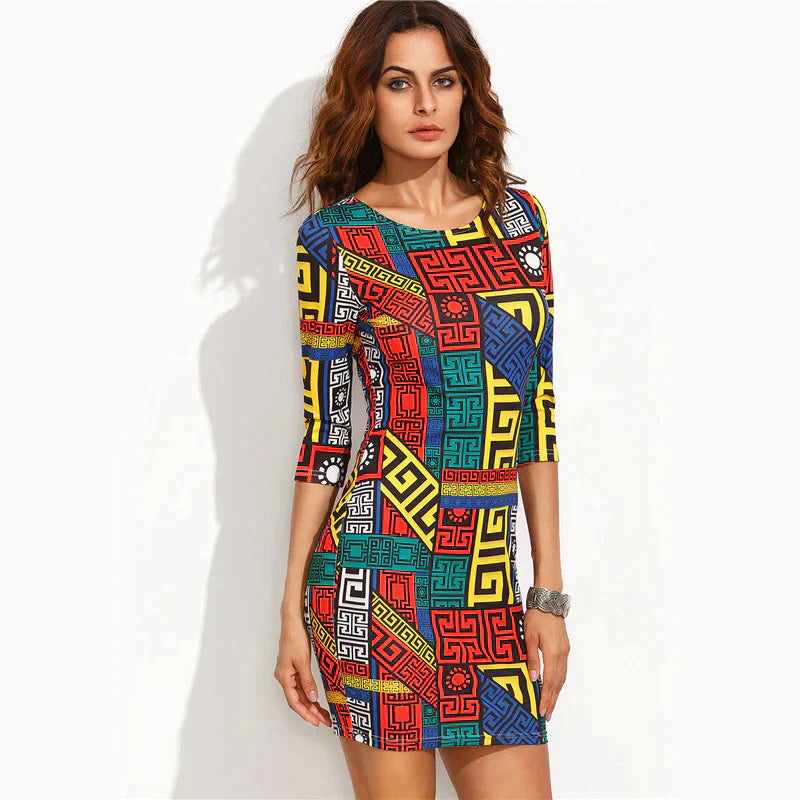 Geometric Print Lycra Bodycon Mini Dress