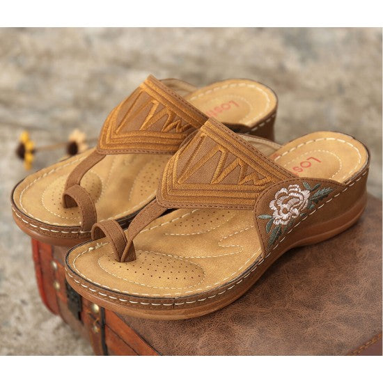 Floral Embroidered Wedge Women Slippers