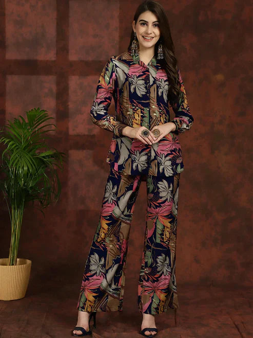 Navy Blue Floral Printed Premium Chanderi Tunic With Trousers Co-ord Set