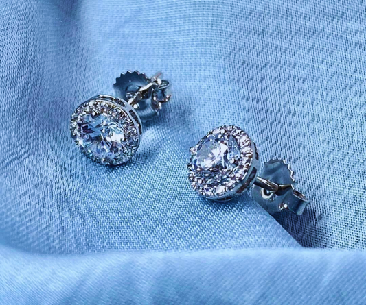 Halo Solitaire Stud Silver Earrings